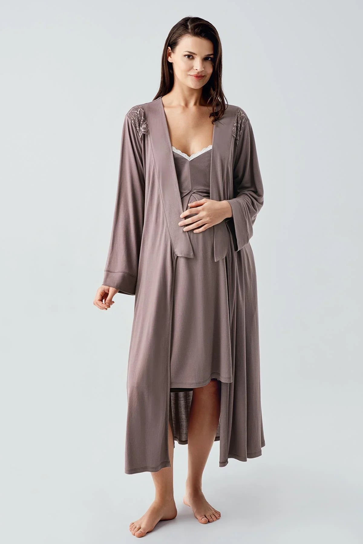 Kadın Esnek Viskoz Hamile Sabahlık Gecelik Takım 13406