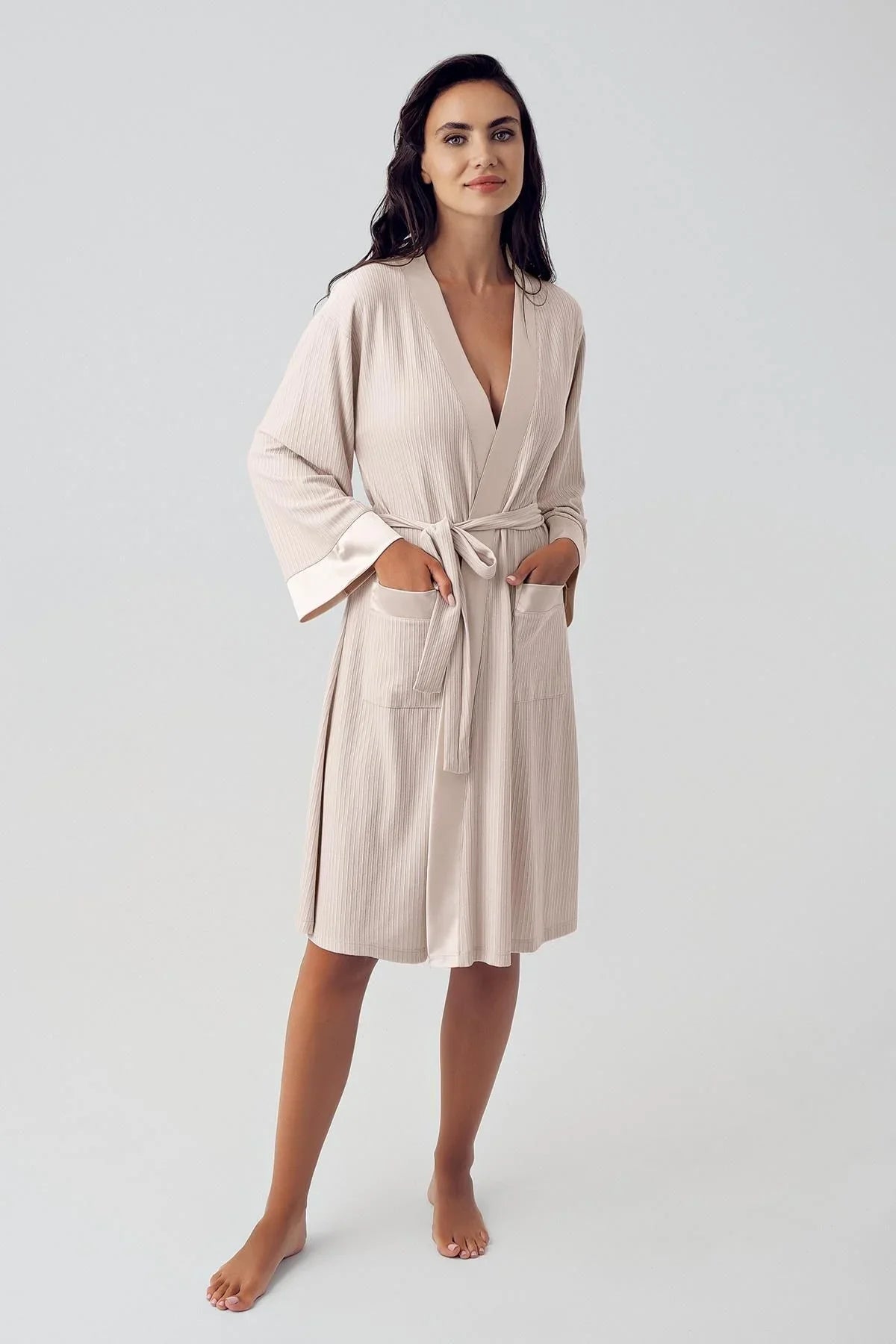 Kadın Esnek Viskoz Kısa Askılı Sabahlık Şortlu Pijama Takım 15306