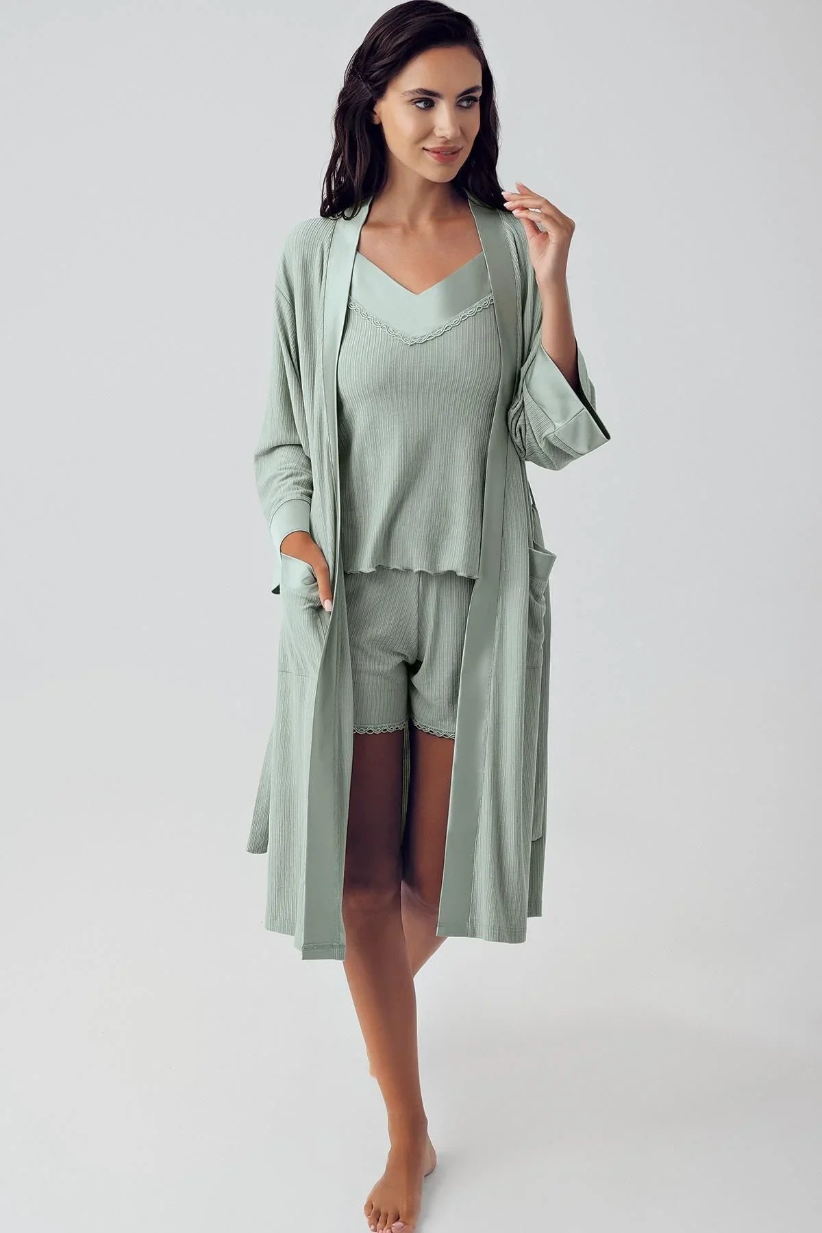 Kadın Esnek Viskoz Kısa Askılı Sabahlık Şortlu Pijama Takım 15306