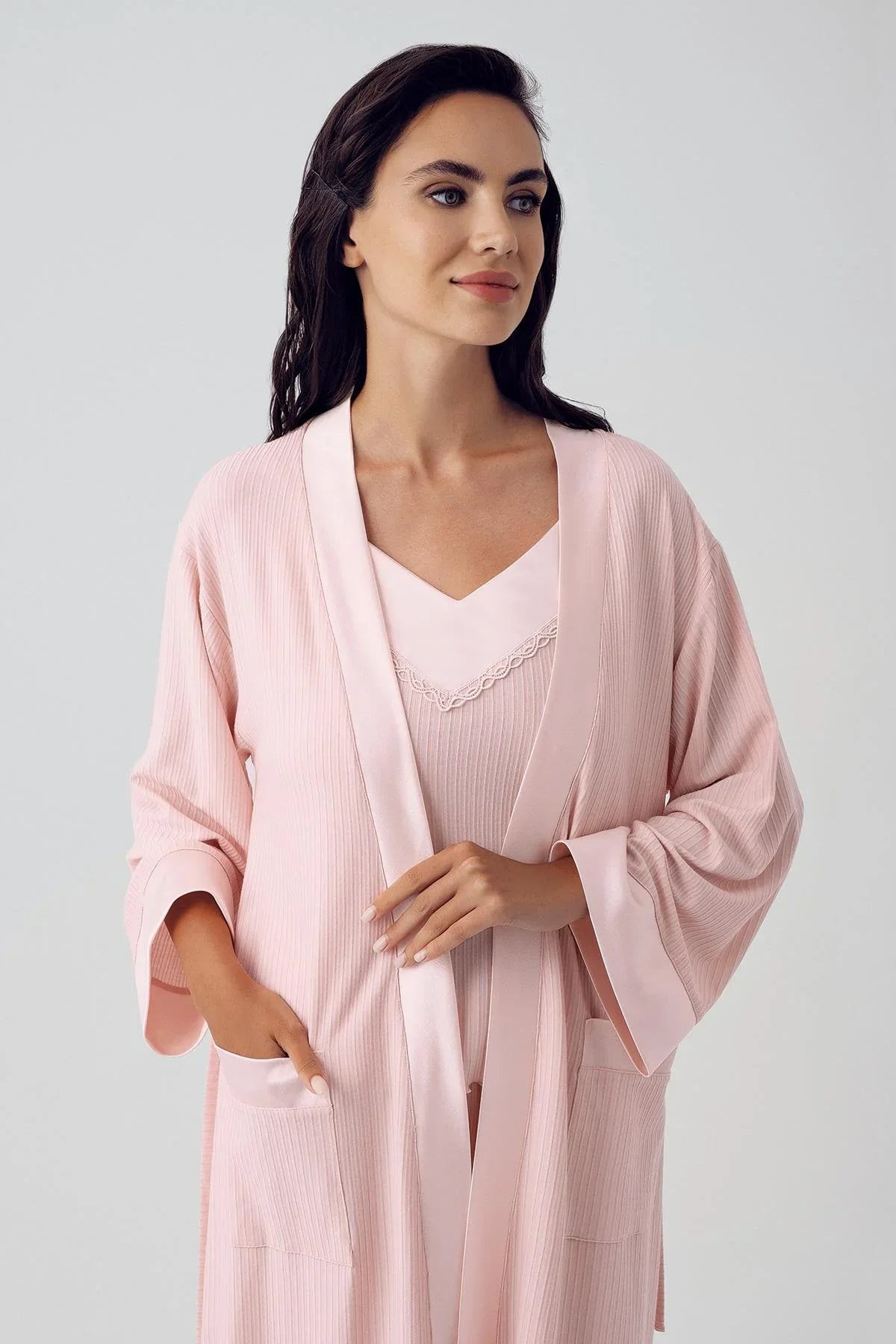 Kadın Esnek Viskoz Kısa Askılı Sabahlık Şortlu Pijama Takım 15306