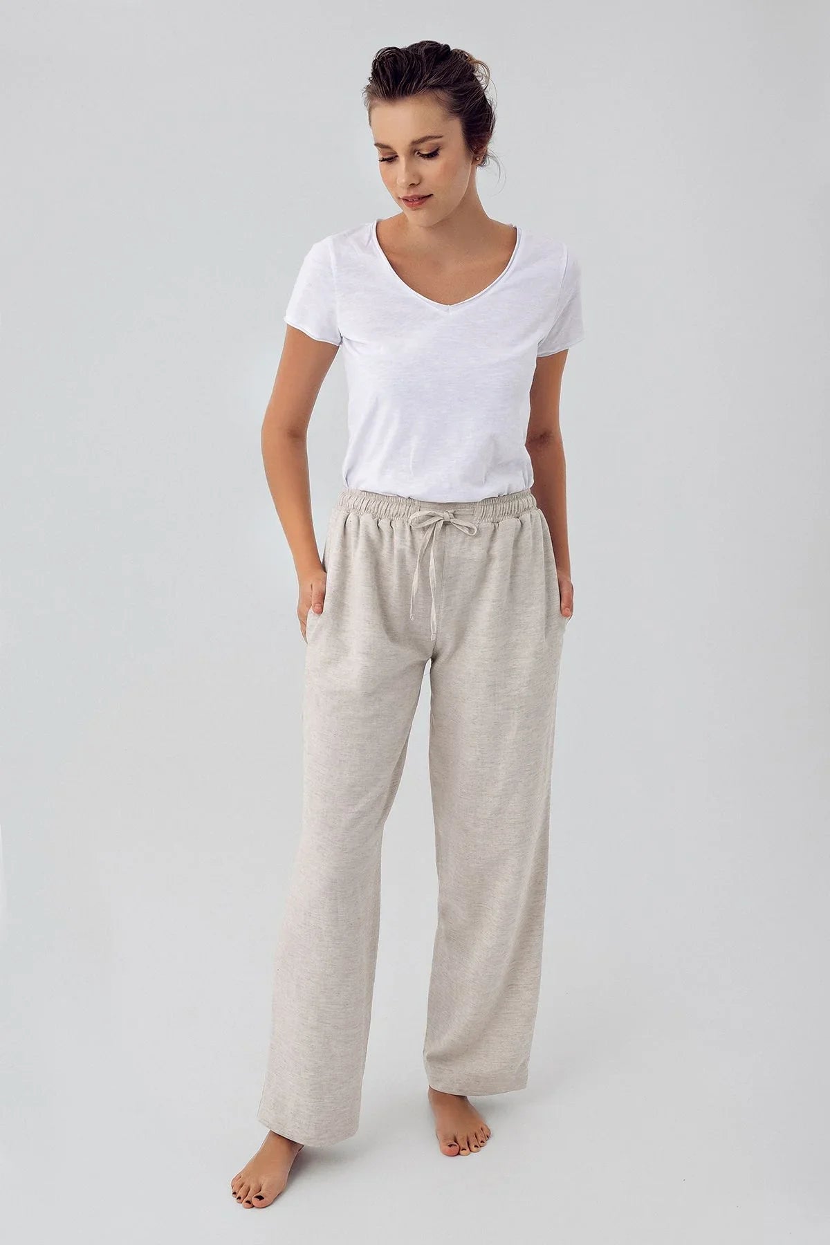 Kadın Keten Cepli Lastikli Boru Paça Pantolon K200