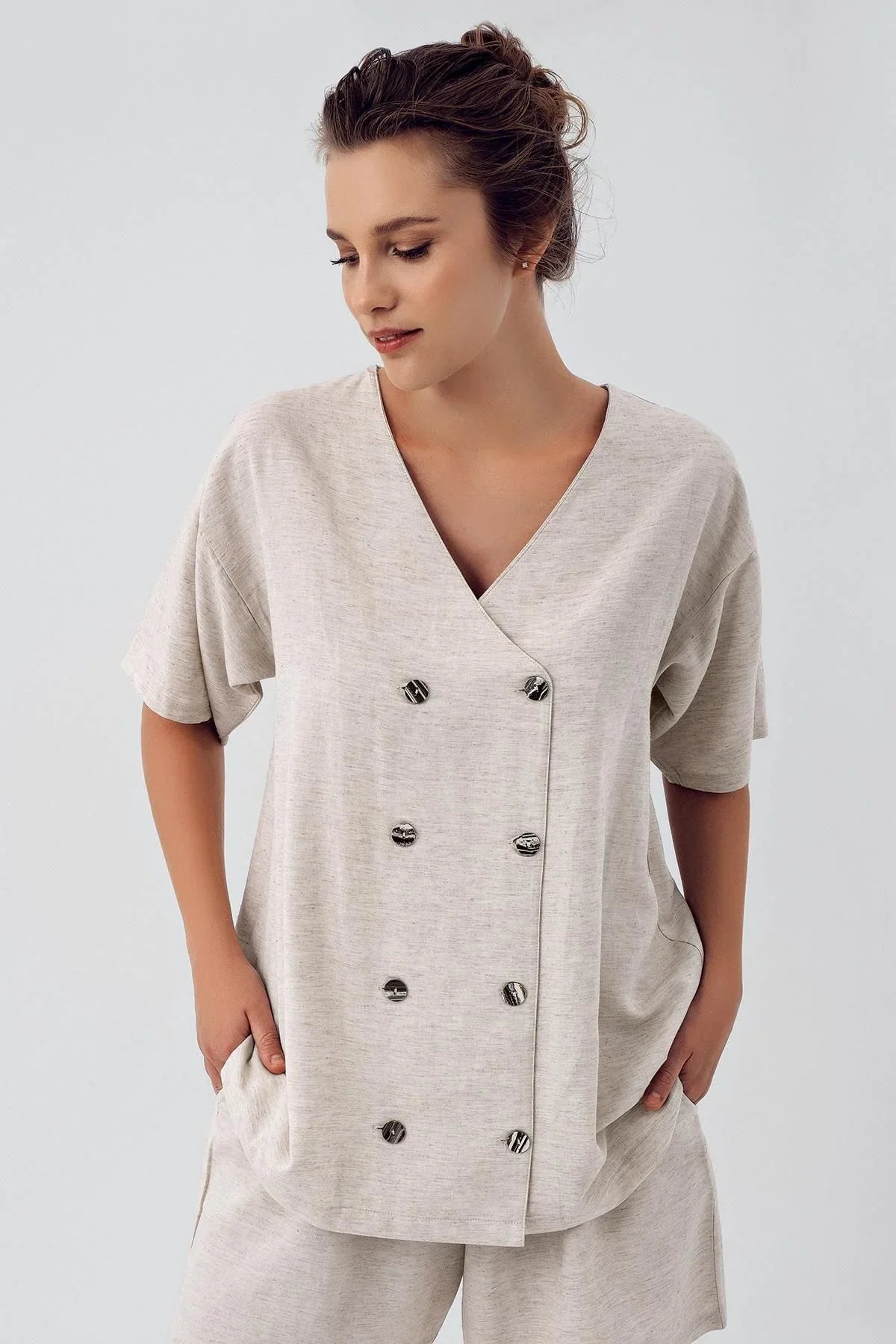 Women's Linen Short Sleeve Double Breasted Oversize Shirt K103