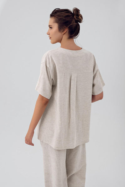 Kadın Keten Kısa Kol Kruvaze Oversize Gömlek K103