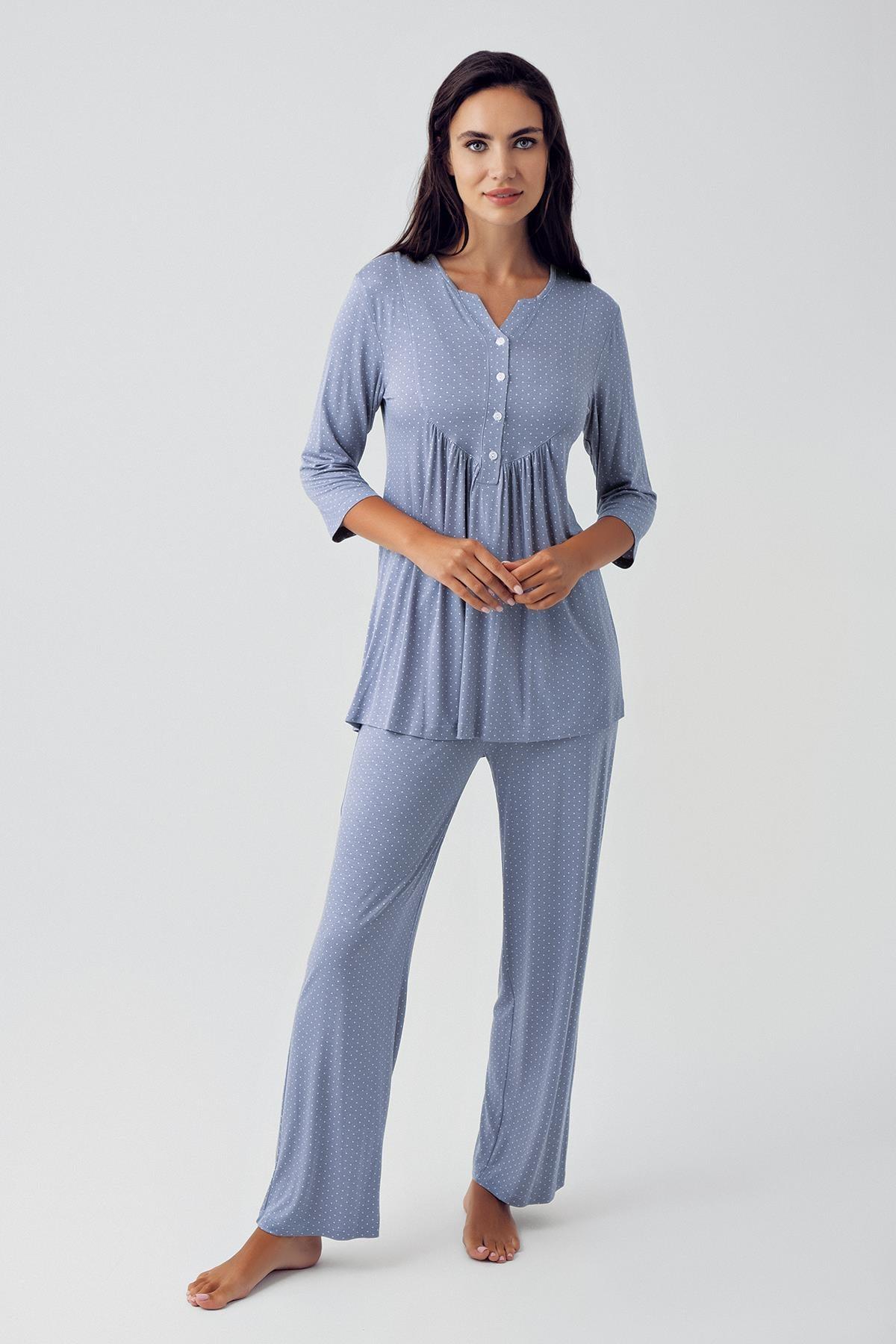 Kadın Kısa Kollu Düğmeli Likralı Viskon Pijama Takım 15204 - Artış Collection