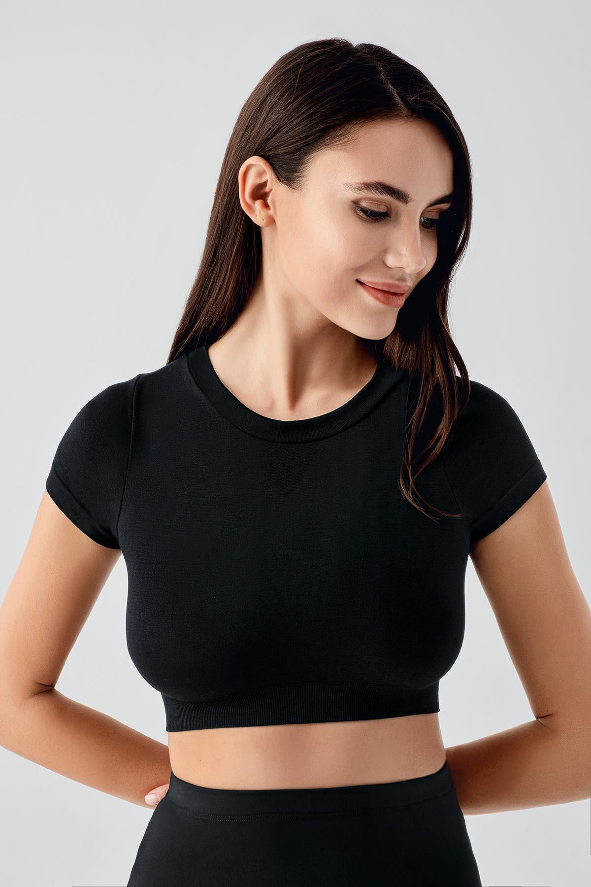Kadın Kısa Kollu Esnek Crop T-Shirt