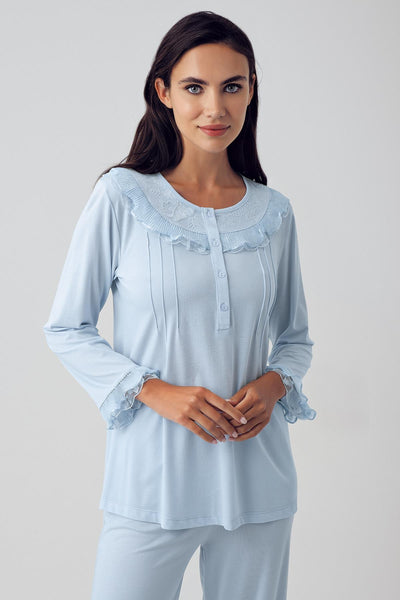 Kadın Uzun Kollu Düğmeli Dantelli Esnek Viskon Sabahlık Pijama Takım 15310 - Artış Collection