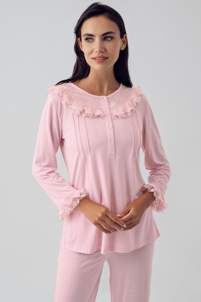 Kadın Uzun Kollu Düğmeli Dantelli Esnek Viskon Sabahlık Pijama Takım 15310 - Artış Collection