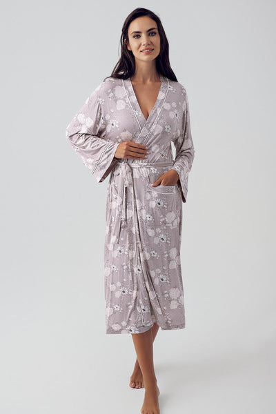 Kadın Uzun Kollu Düğmeli Desenli Likralı Viskon Sabahlık Pijama Takımı 15304 - Artış Collection