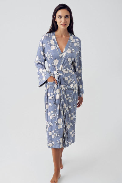 Women's Long Sleeve Buttoned Patterned Lycra Viscose Dressing Gown Pajama Set 15304