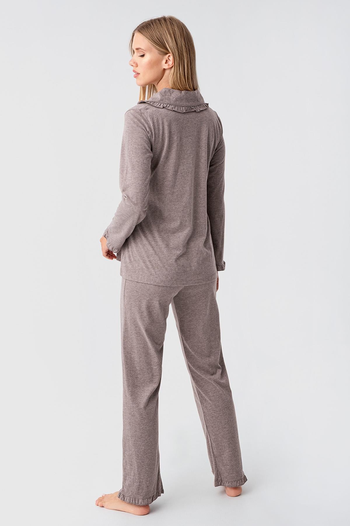 Kadın Uzun Kollu Düğmeli Esnek Pamuklu Sabahlık Pijama Takımı 23112