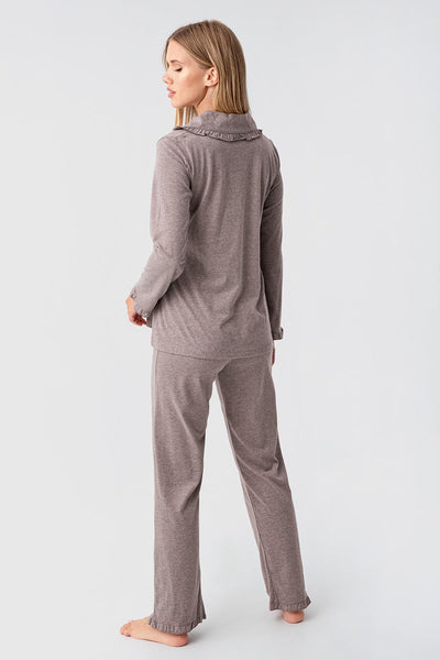 Kadın Uzun Kollu Düğmeli Esnek Pamuklu Sabahlık Pijama Takımı 23112