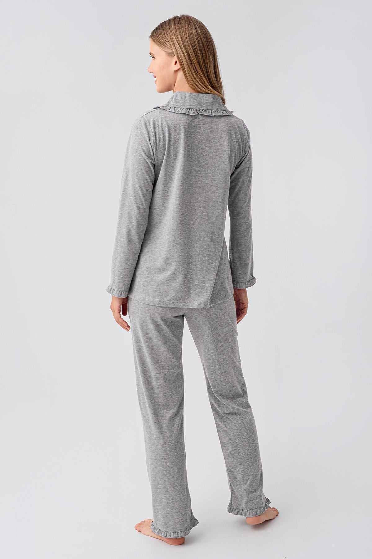 Kadın Uzun Kollu Düğmeli Esnek Pamuklu Sabahlık Pijama Takımı 23112