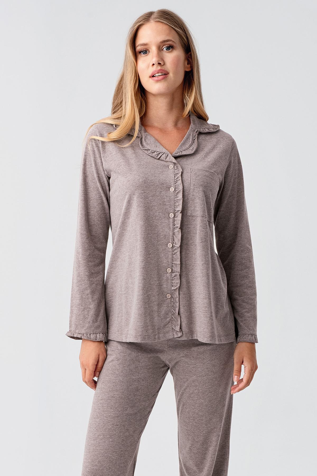 Kadın Uzun Kollu Düğmeli Esnek Pamuklu Sabahlık Pijama Takımı 23112