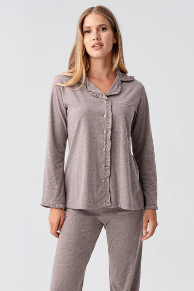 Kadın Uzun Kollu Düğmeli Esnek Pamuklu Sabahlık Pijama Takımı 23112