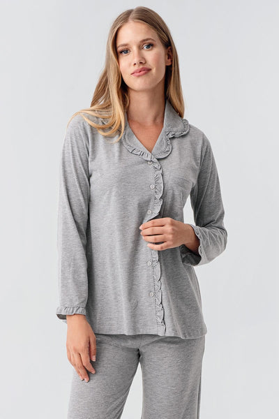 Kadın Uzun Kollu Düğmeli Esnek Pamuklu Sabahlık Pijama Takımı 23112