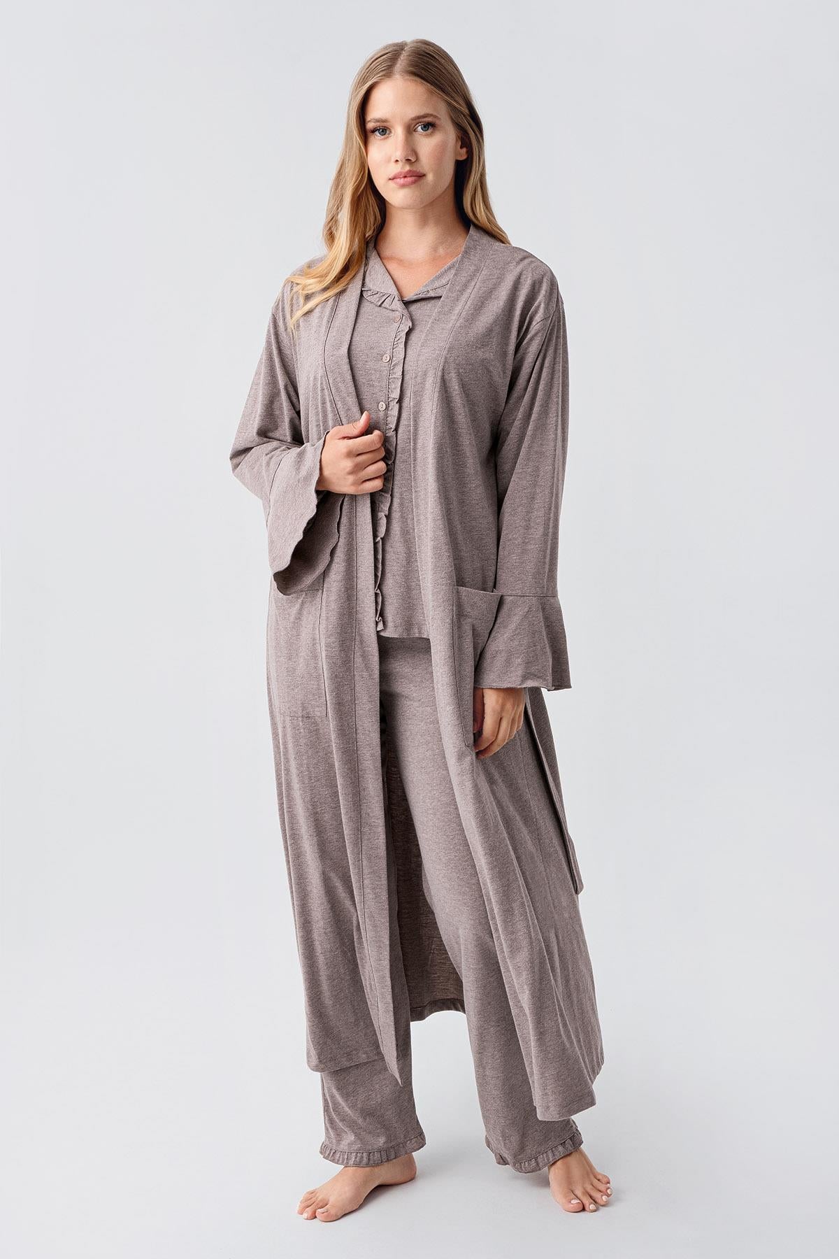 Kadın Uzun Kollu Düğmeli Esnek Pamuklu Sabahlık Pijama Takımı 23112