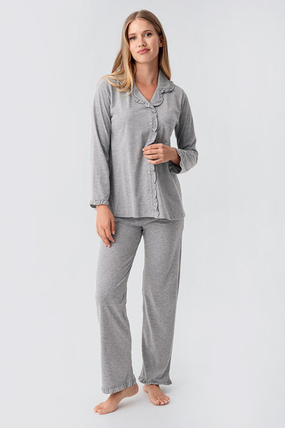 Kadın Uzun Kollu Düğmeli Esnek Pamuklu Sabahlık Pijama Takımı 23112