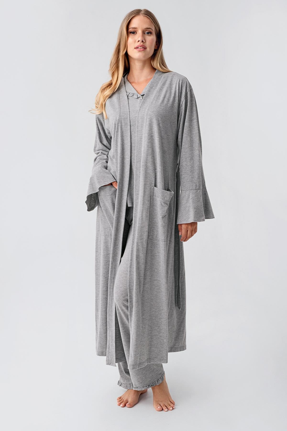 Kadın Uzun Kollu Düğmeli Esnek Pamuklu Sabahlık Pijama Takımı 23112