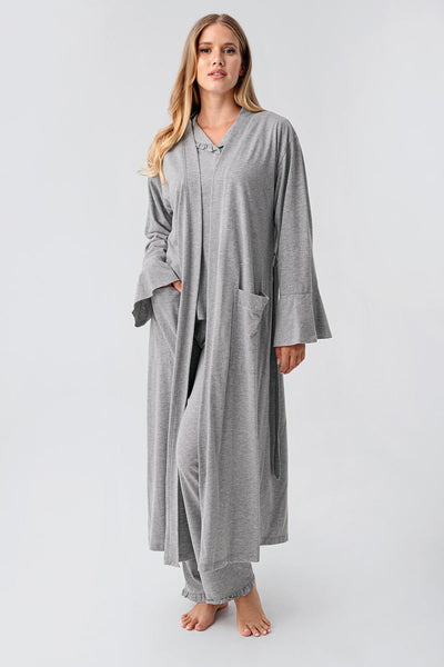 Kadın Uzun Kollu Düğmeli Esnek Pamuklu Sabahlık Pijama Takımı 23112