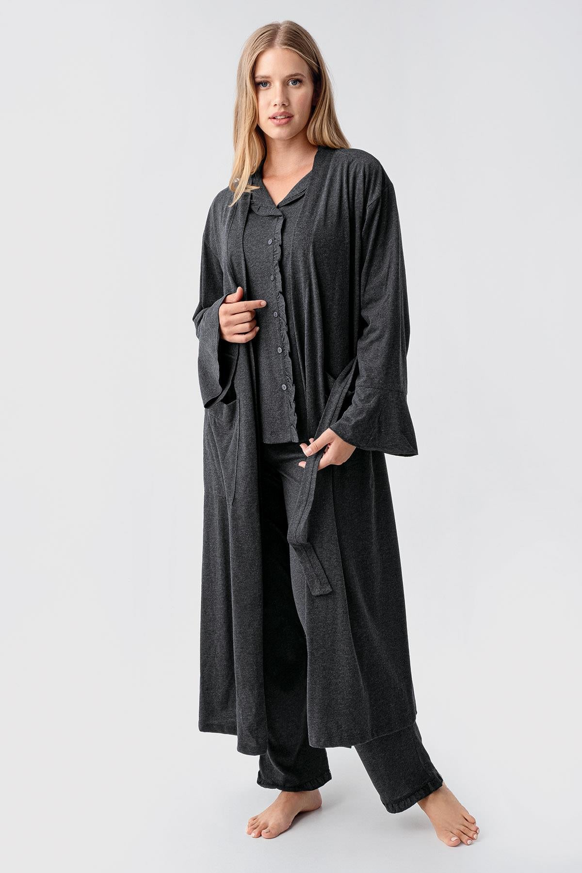 Kadın Uzun Kollu Düğmeli Esnek Pamuklu Sabahlık Pijama Takımı 23112