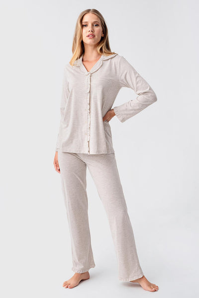 Kadın Uzun Kollu Düğmeli Esnek Pamuklu Sabahlık Pijama Takımı 23112