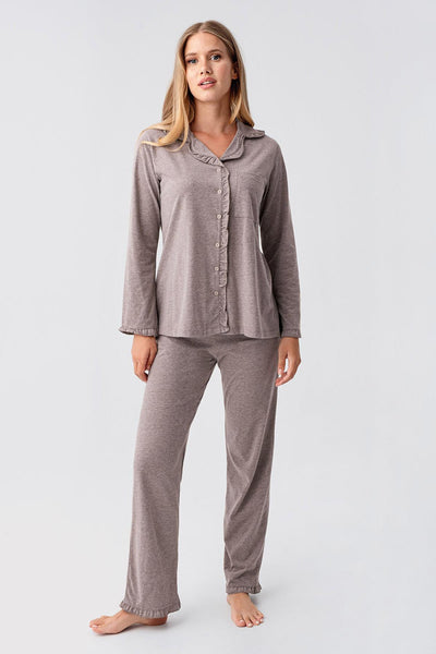 Kadın Uzun Kollu Düğmeli Esnek Pamuklu Sabahlık Pijama Takımı 23112