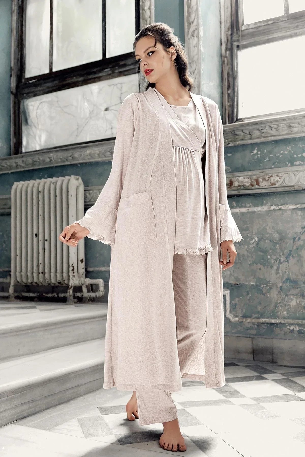 Kadın Uzun Kollu Esnek Pamuklu Hamile Sabahlık Pijama Takımı13300