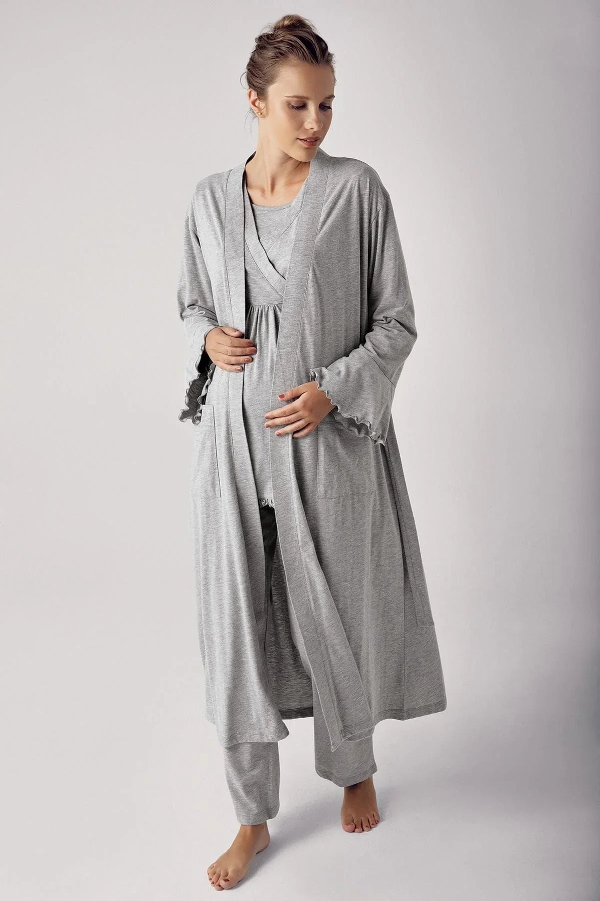 Kadın Uzun Kollu Esnek Pamuklu Hamile Sabahlık Pijama Takımı13300