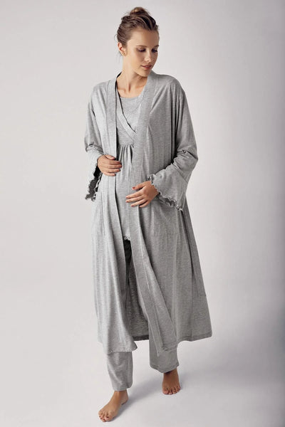 Kadın Uzun Kollu Esnek Pamuklu Hamile Sabahlık Pijama Takımı13300