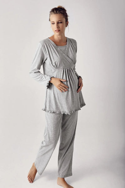 Kadın Uzun Kollu Esnek Pamuklu Hamile Sabahlık Pijama Takımı13300