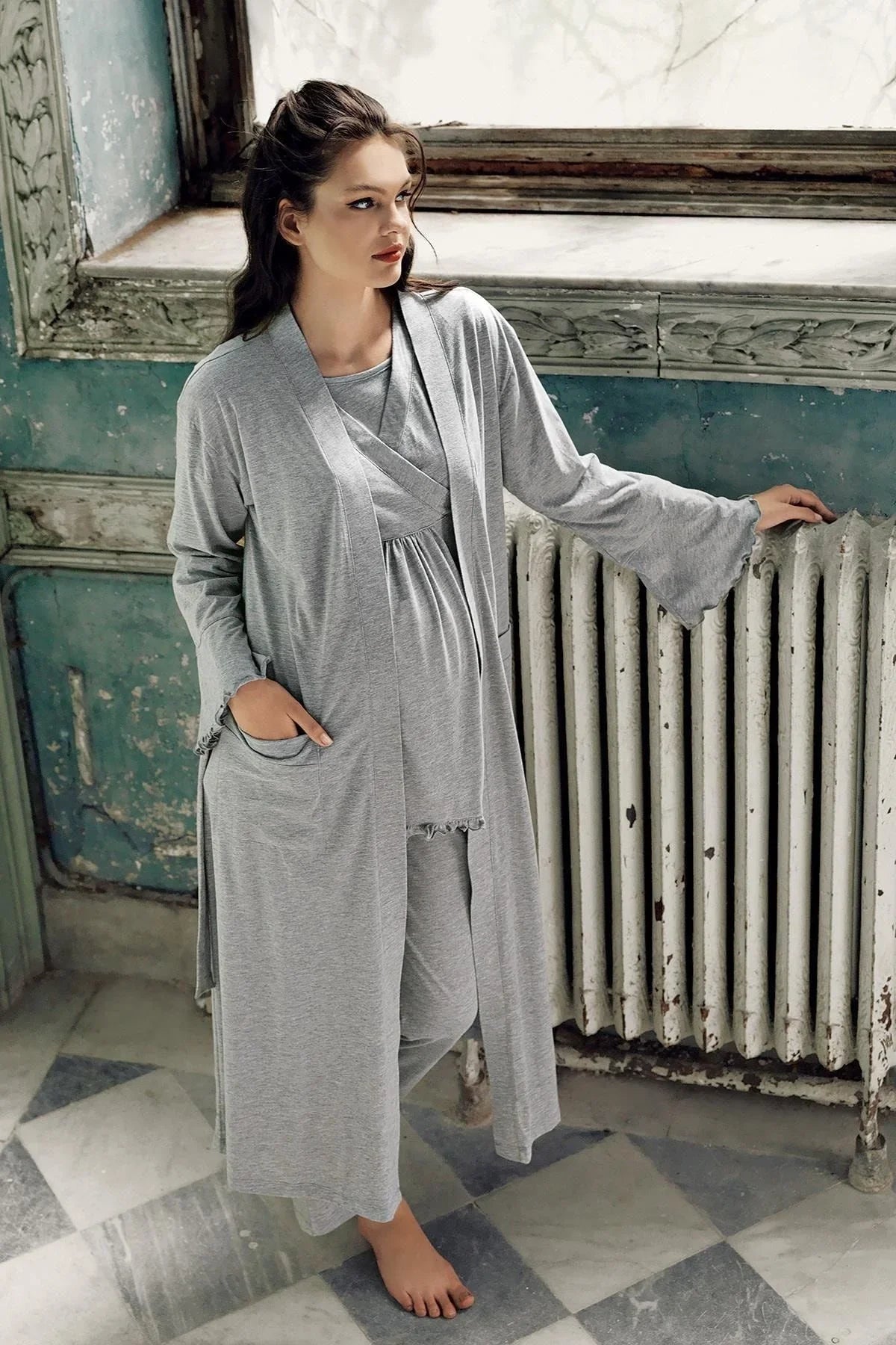 Kadın Uzun Kollu Esnek Pamuklu Hamile Sabahlık Pijama Takımı13300