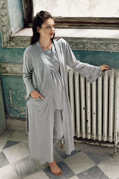 Kadın Uzun Kollu Esnek Pamuklu Hamile Sabahlık Pijama Takımı13300