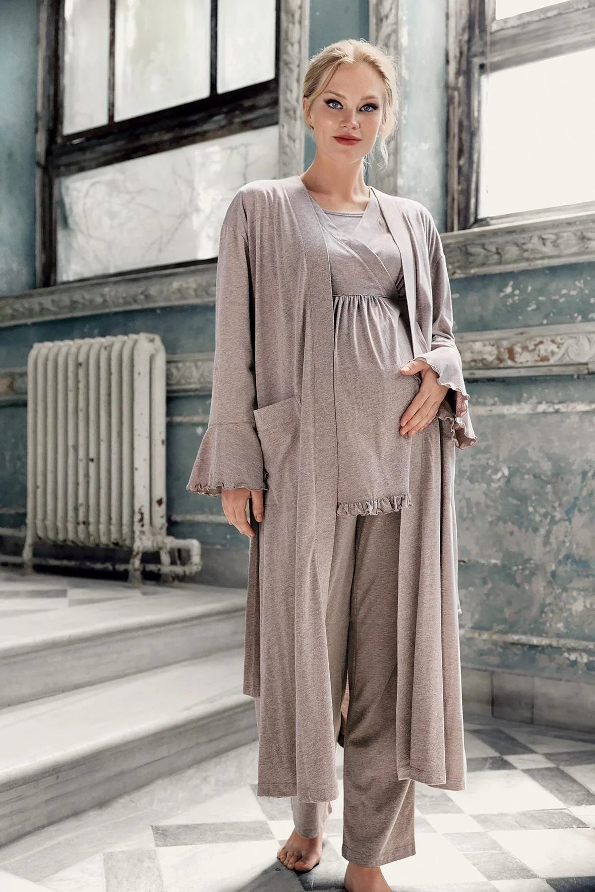 Kadın Uzun Kollu Esnek Pamuklu Hamile Sabahlık Pijama Takımı13300
