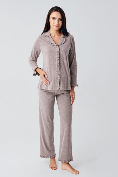 Kadın Uzun Kollu Esnek Pamuklu Kumaş Hamile Pijama Takım 22112