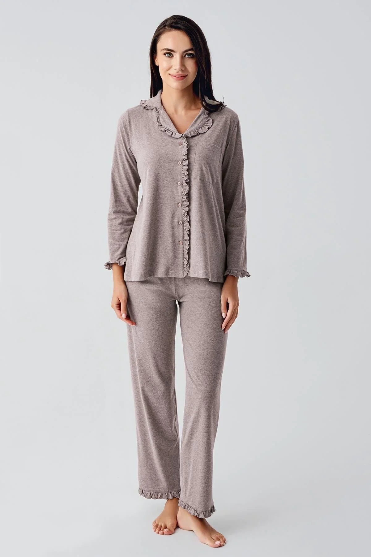 Kadın Uzun Kollu Esnek Pamuklu Kumaş Hamile Pijama Takım 22112