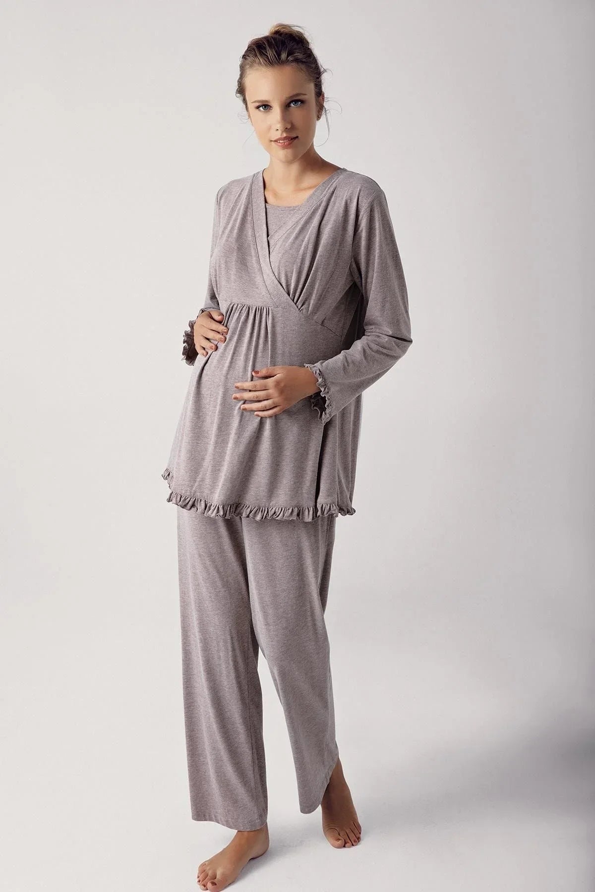 Kadın Uzun Kollu Esnek Pamuklu Kumaş Hamile Pijama Takımı 13201