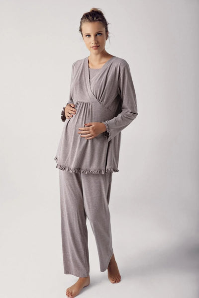Kadın Uzun Kollu Esnek Pamuklu Kumaş Hamile Pijama Takımı 13201