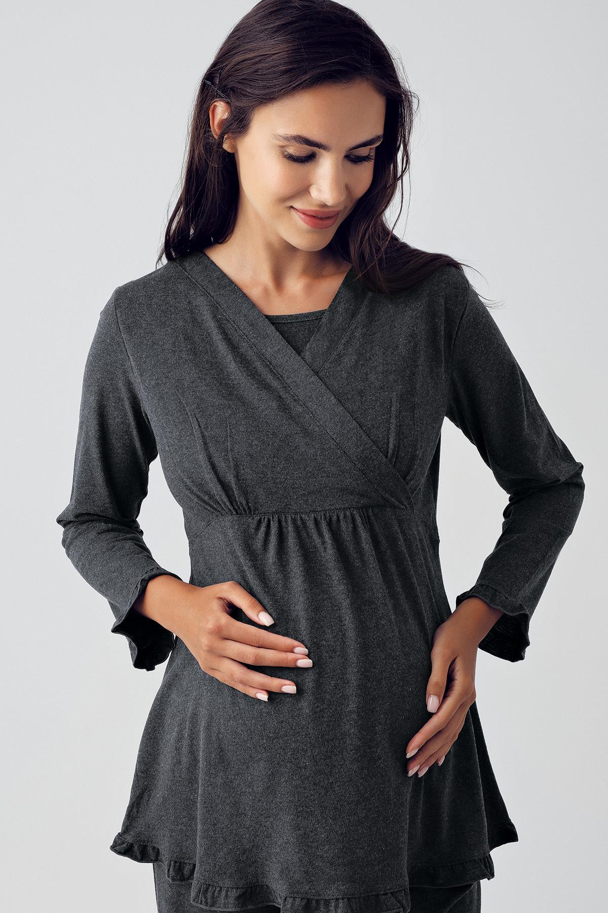 Kadın Uzun Kollu Esnek Pamuklu Kumaş Hamile Pijama Takımı 13201