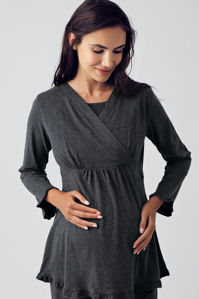 Kadın Uzun Kollu Esnek Pamuklu Kumaş Hamile Pijama Takımı 13201