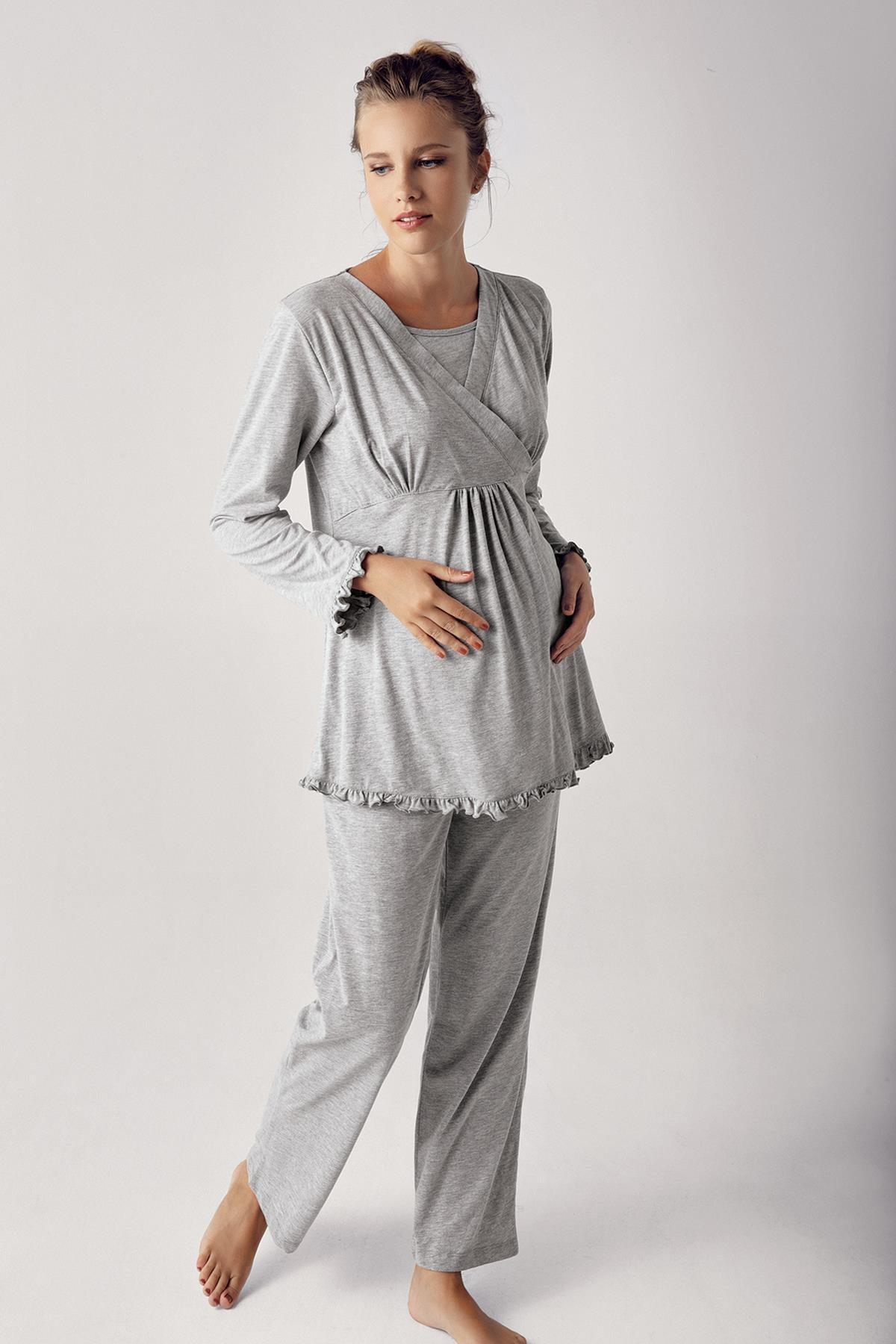 Kadın Uzun Kollu Esnek Pamuklu Kumaş Hamile Pijama Takımı 13201 - Artış Collection