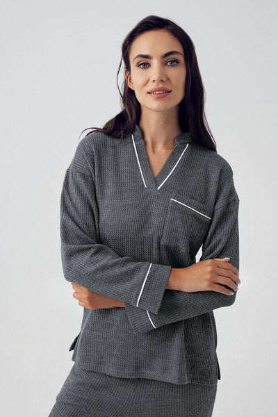 Kadın Uzun Kollu Esnek Yumuşak Dokulu Waffle Kumaş Pijama Takım 15213