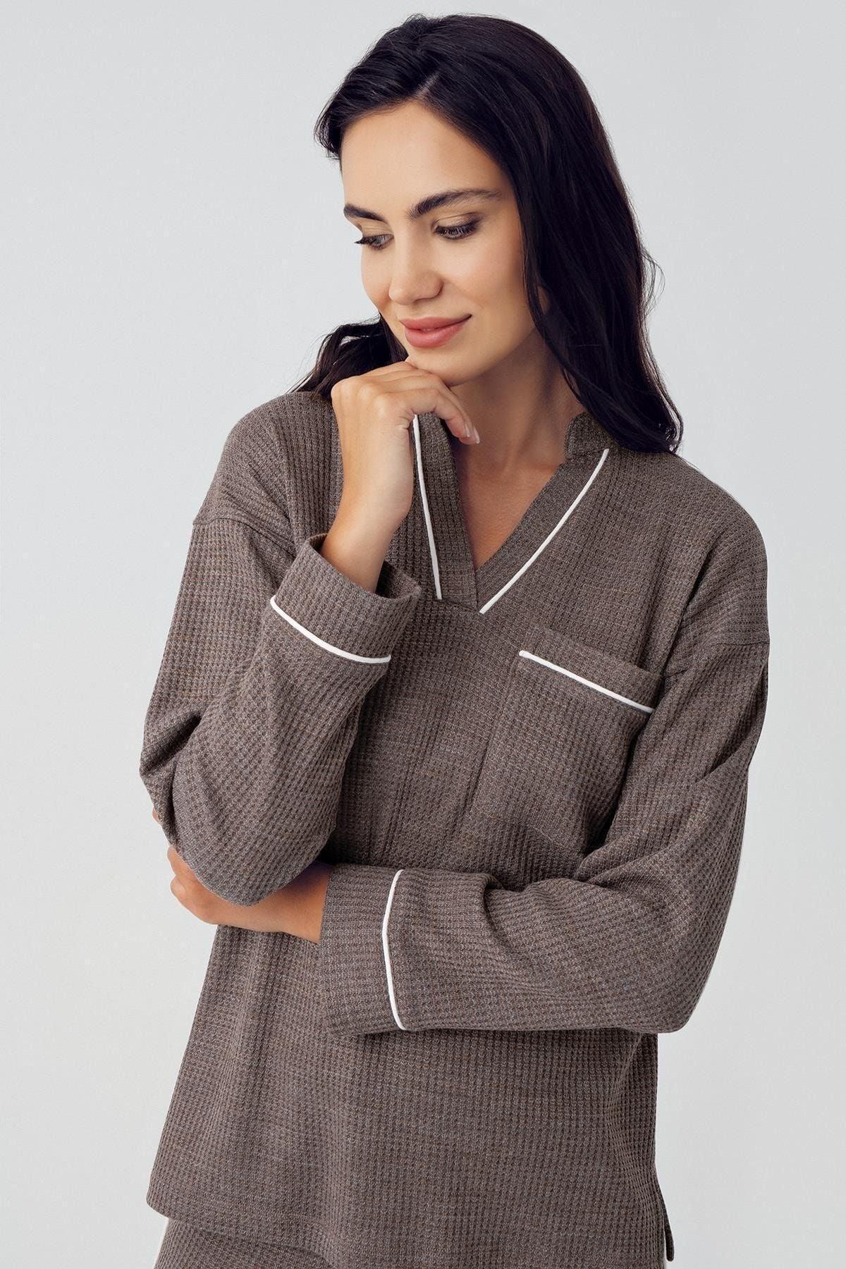 Kadın Uzun Kollu Esnek Yumuşak Dokulu Waffle Kumaş Pijama Takım 15213