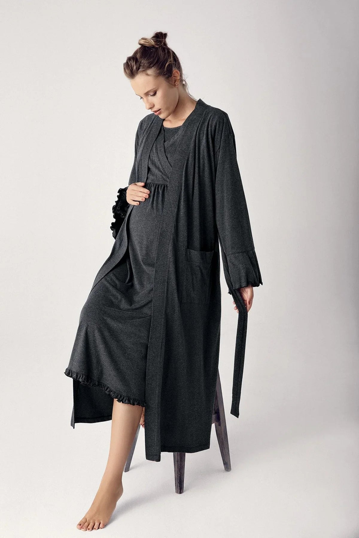 Women's Long Sleeve Cotton Flexible Maternity Dressing Gown Nightgown Set 13400