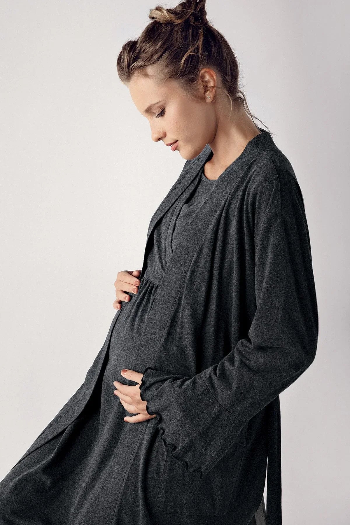 Women's Long Sleeve Cotton Flexible Maternity Dressing Gown Nightgown Set 13400