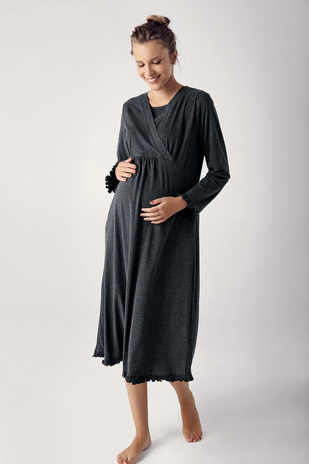 Women's Long Sleeve Cotton Flexible Maternity Dressing Gown Nightgown Set 13400