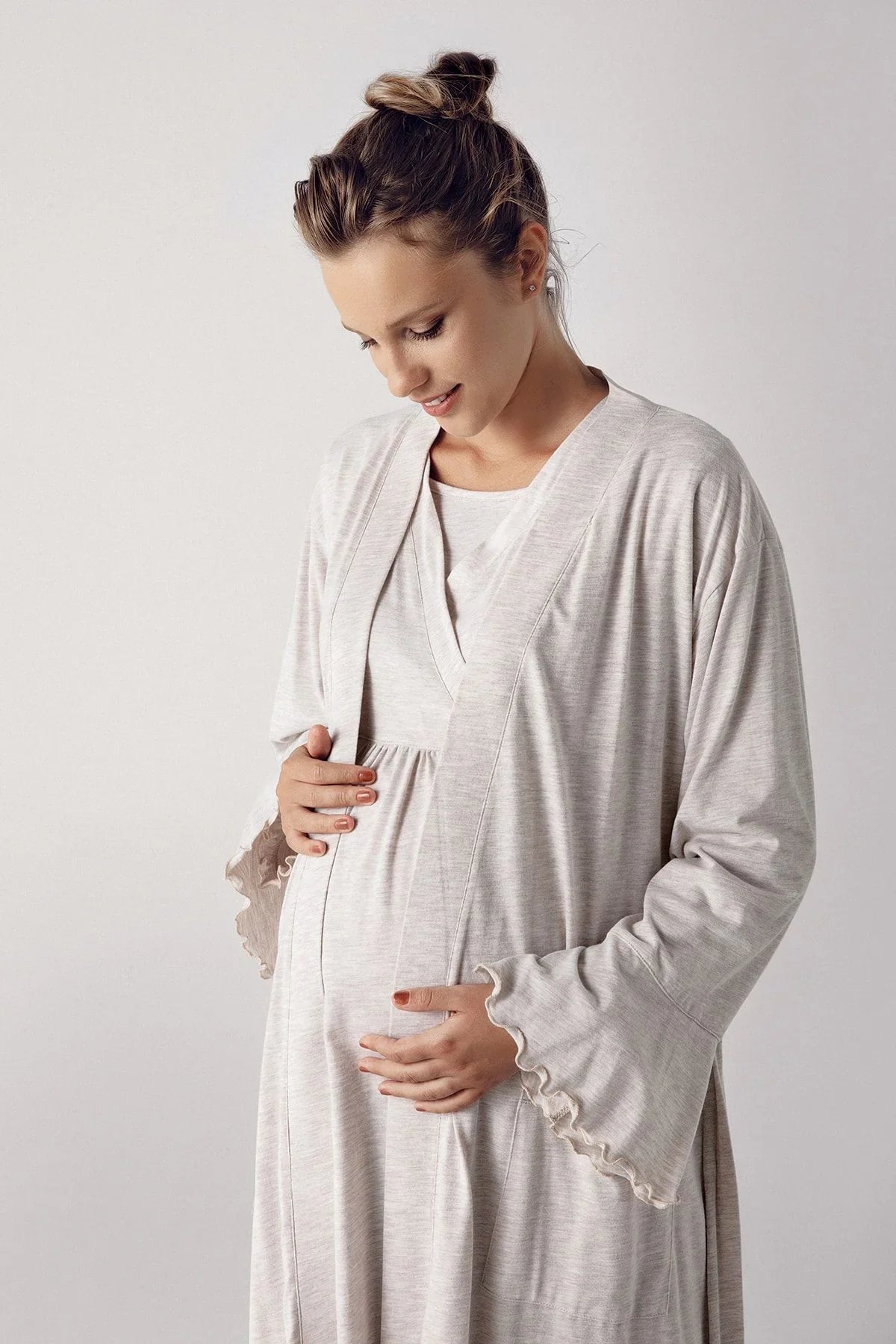 Women's Long Sleeve Cotton Flexible Maternity Dressing Gown Nightgown Set 13400
