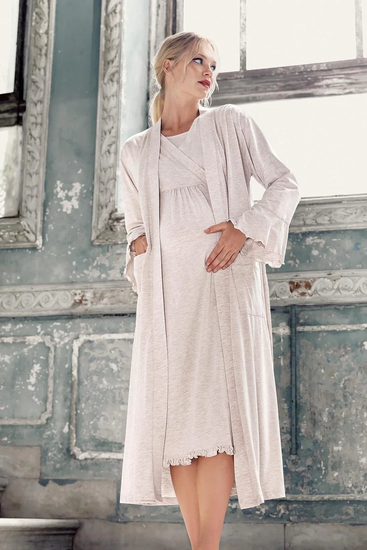 Women's Long Sleeve Cotton Flexible Maternity Dressing Gown Nightgown Set 13400