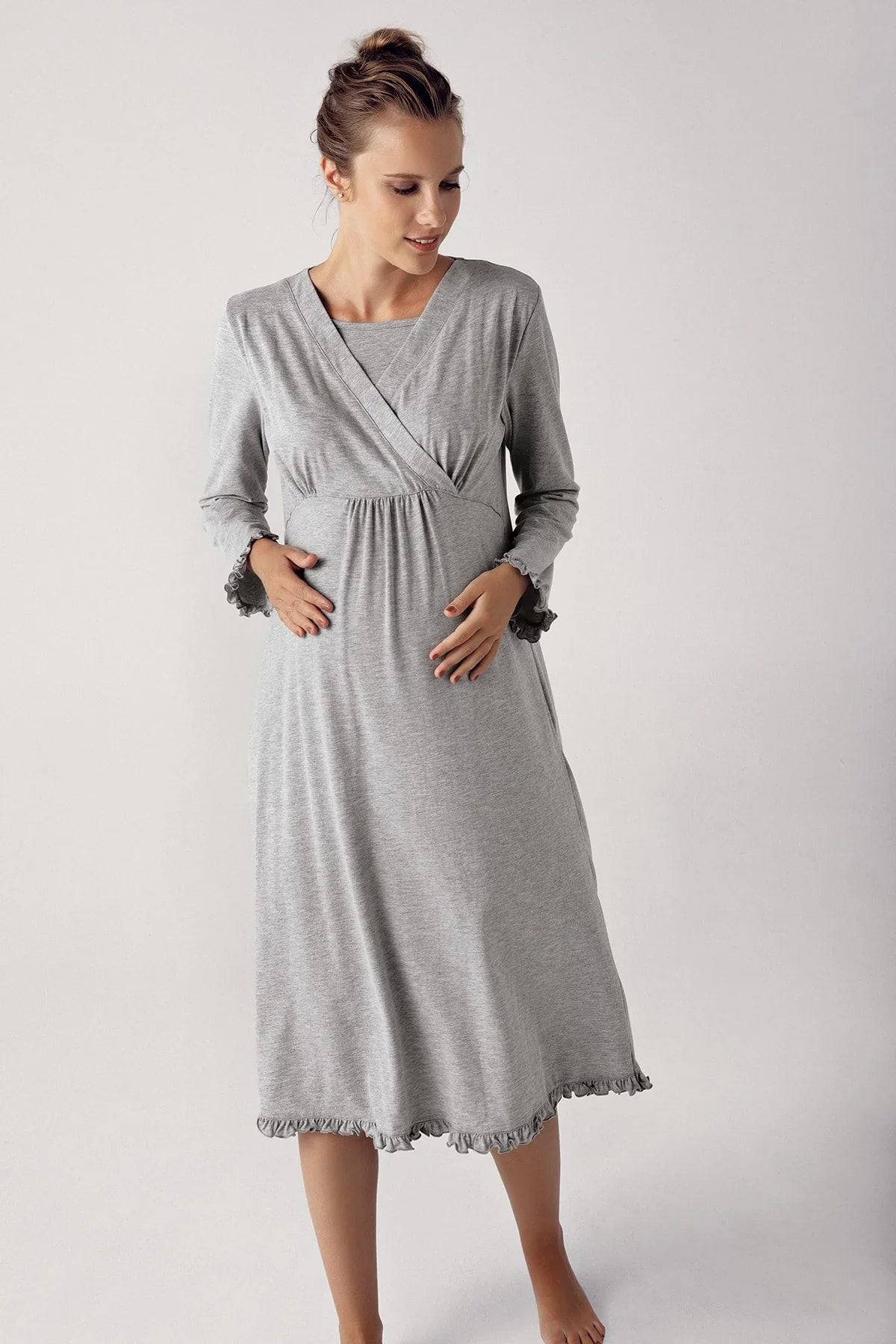 Women's Long Sleeve Cotton Flexible Maternity Dressing Gown Nightgown Set 13400