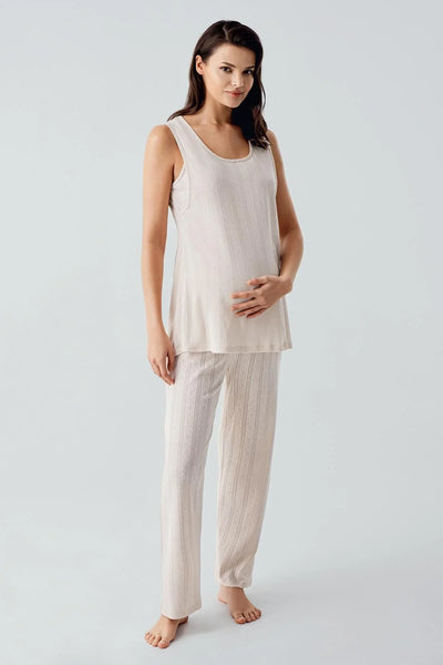 Kalın Askılı Ajurlu Esnek Pamuklu Hamile Sabahlık Pijama Takım 17308
