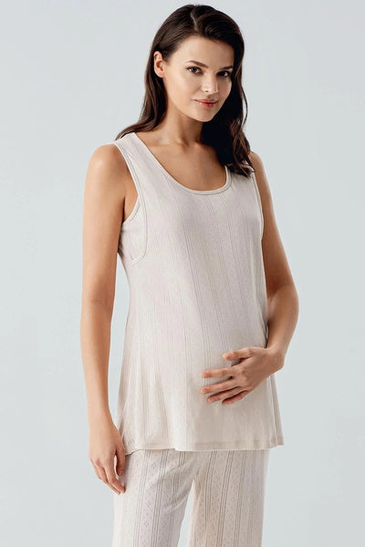 Kalın Askılı Ajurlu Esnek Pamuklu Hamile Sabahlık Pijama Takım 17308